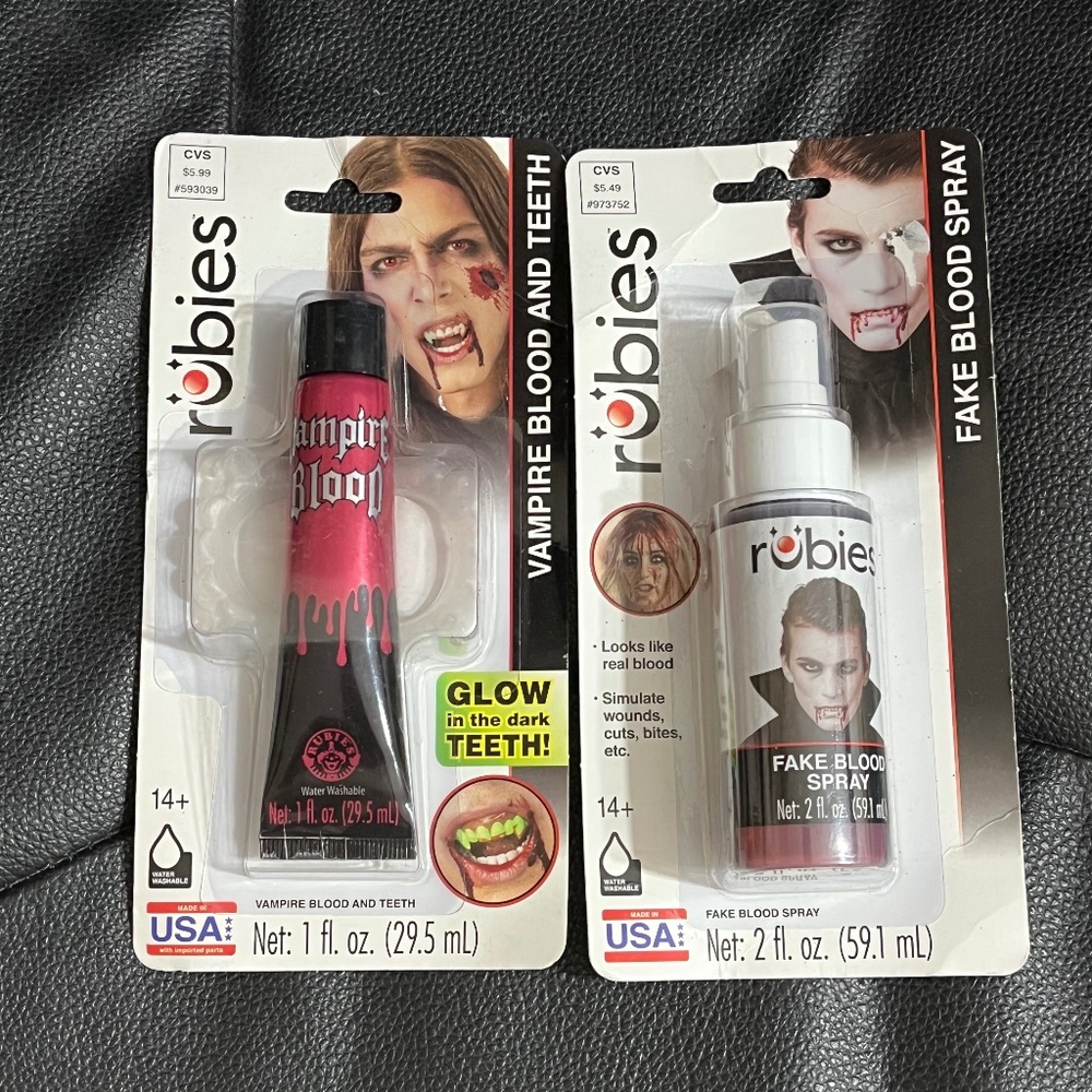 Halloween Vampire Set: Fake Blood Spray, Glow-in-the-Dark Teeth w/ Blood